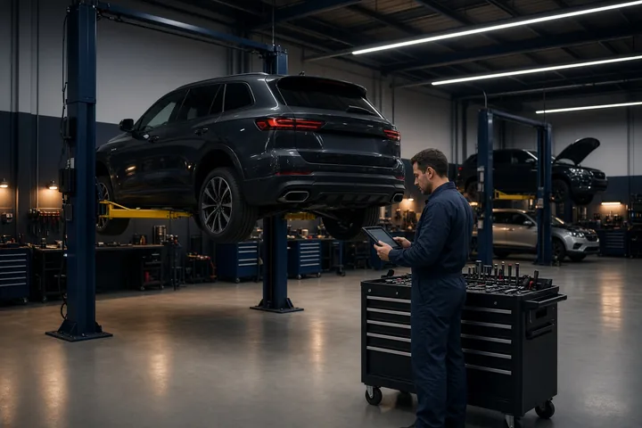 A technician with a diagnostic tablet beside an SUV raised on a two-post lift in a service workshop