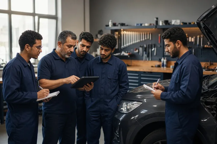 An instructor showing four trainee technicians a diagnostic tablet beside a car in a training workshop