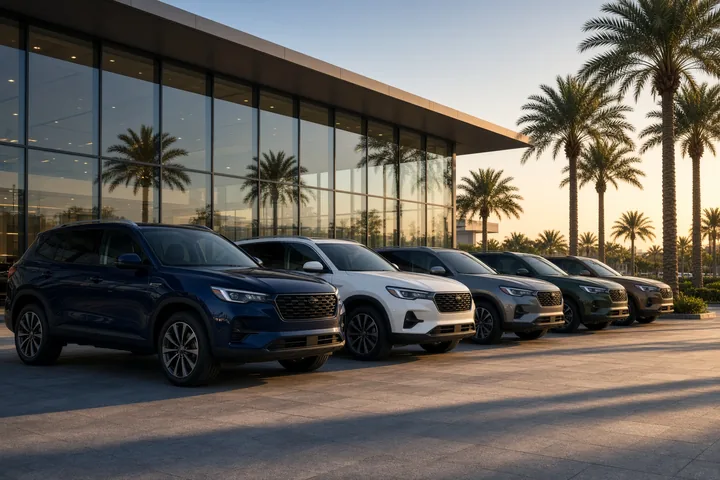 A row of new SUVs parked outside a glass-fronted car showroom lined with palm trees