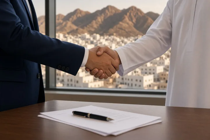 A businessman in a suit and a man in a white dishdasha shaking hands over a signed agreement