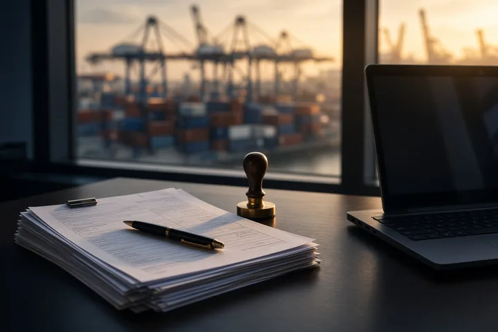 Shipping documents, a pen and a rubber stamp on a desk, with container cranes visible through the window
