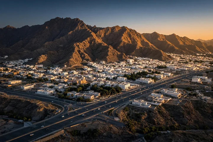 Aerial view of a highway running through a low-rise white city beneath rugged mountains at sunset