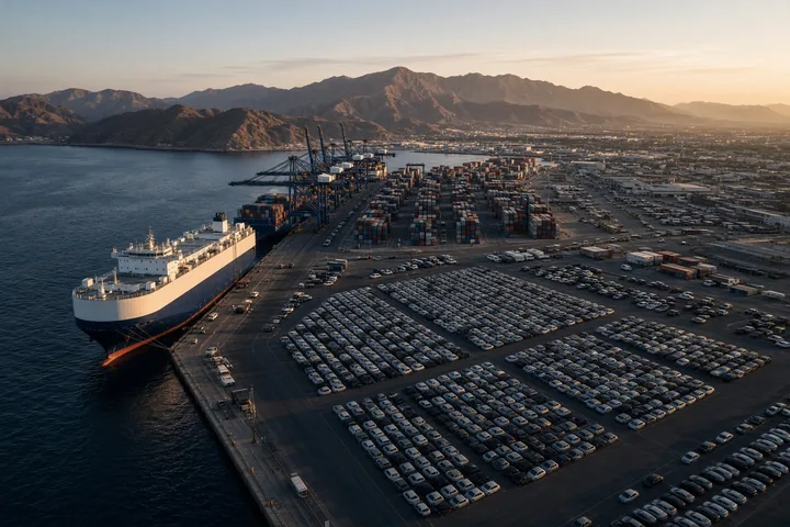 Aerial view of a car carrier ship at a port quay beside a large yard of new vehicles
