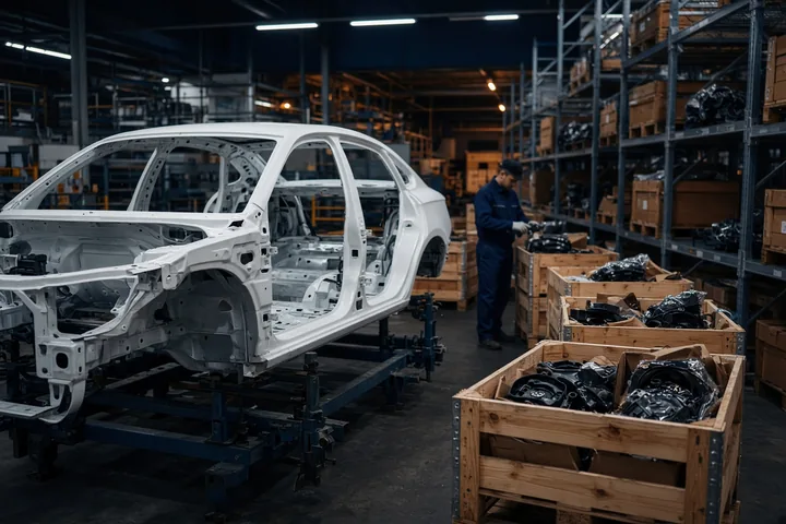 A bare white car body shell on an assembly jig beside crates of packed parts