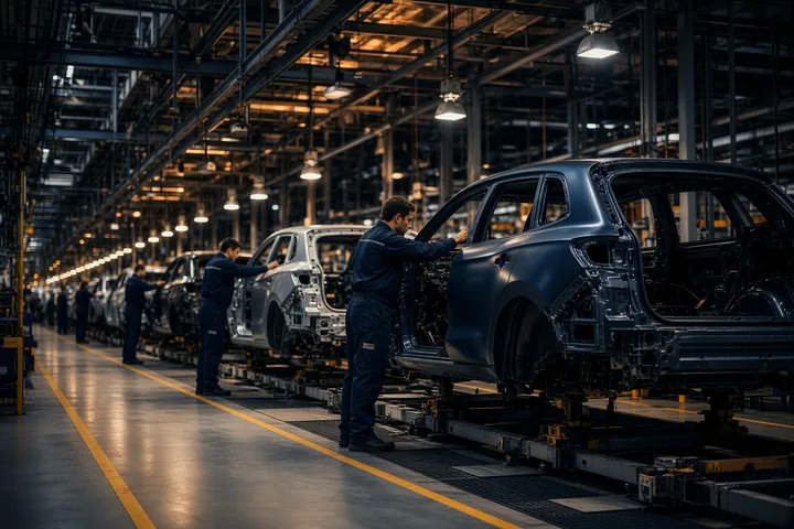 Technicians working on SUV body shells along a vehicle assembly line