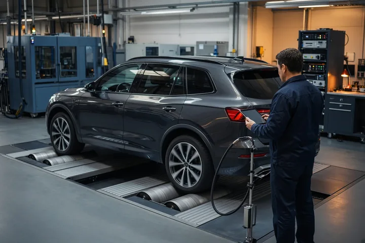 An engineer with a tablet beside an SUV on a brake roller test rig in a vehicle test lab