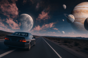 Photorealistic image of a car driving on a long open highway beneath a cosmic sky filled with planets and glowing clouds, blending realism with surreal beauty.