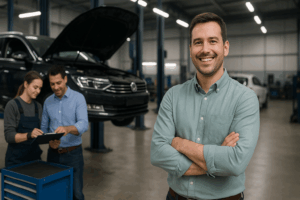 Automotive consultants and technicians working together in a bright, clean workshop, representing teamwork and industry expertise.