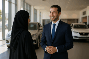 Arab businessman in a suit smiling and speaking with an Omani woman in a black abaya inside a modern car showroom, representing professional and welcoming customer service.